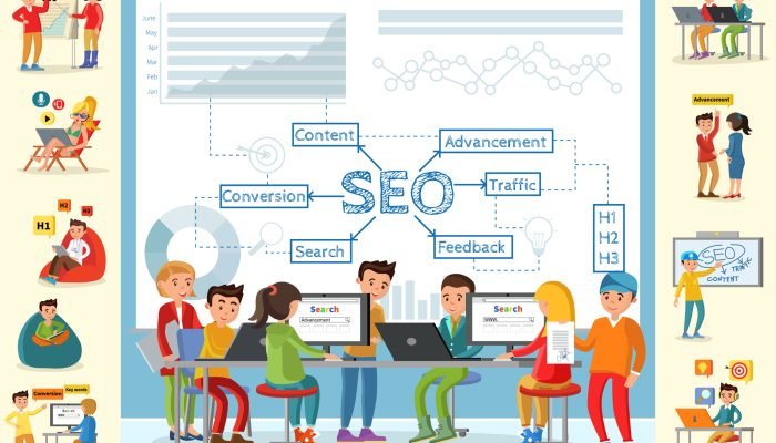 Business analysis infographic concept with people working in office on optimization of main seo strategy indicators vector illustration